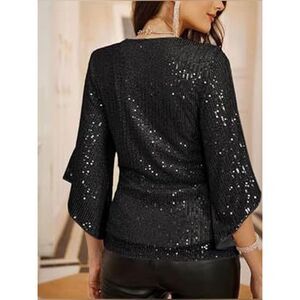 Notations Women's 3/4 Sleeve Black Ruffle Front Sparkle Top Size XL